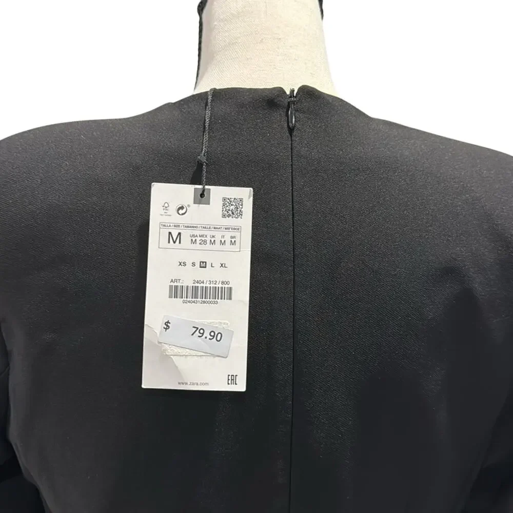 Zara NWT Black Shoulder Pads Mini Dress with Belt with Pearls & Rhinestones. - Picture 7 of 10